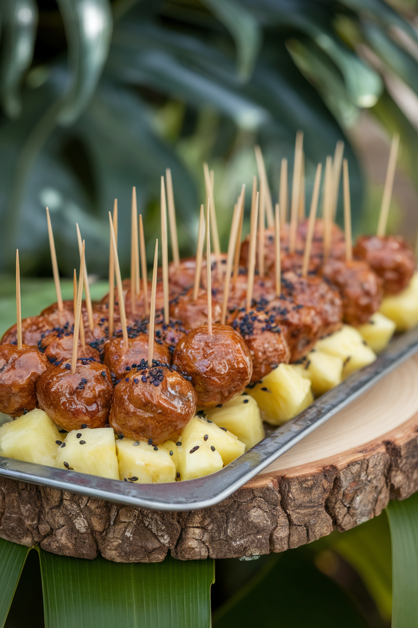 An indoor tray lined with glossy meatballs threaded on picks, sprinkled with black sesame seeds and accompanied by pineapple chunks. No text or logos. Photo, not illustration.