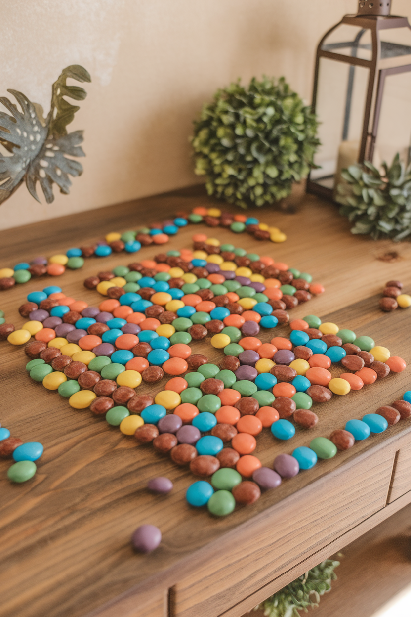 Photo of indoor wooden tabletop sprinkled with candy-coated peanuts in assorted colors, no text