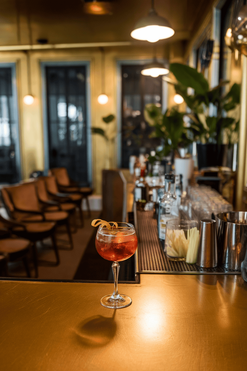 Indoor vintage bar with Nick & Nora glass of reddish-brown cocktail, lemon twist dangling, soft overhead light; no text or logos.