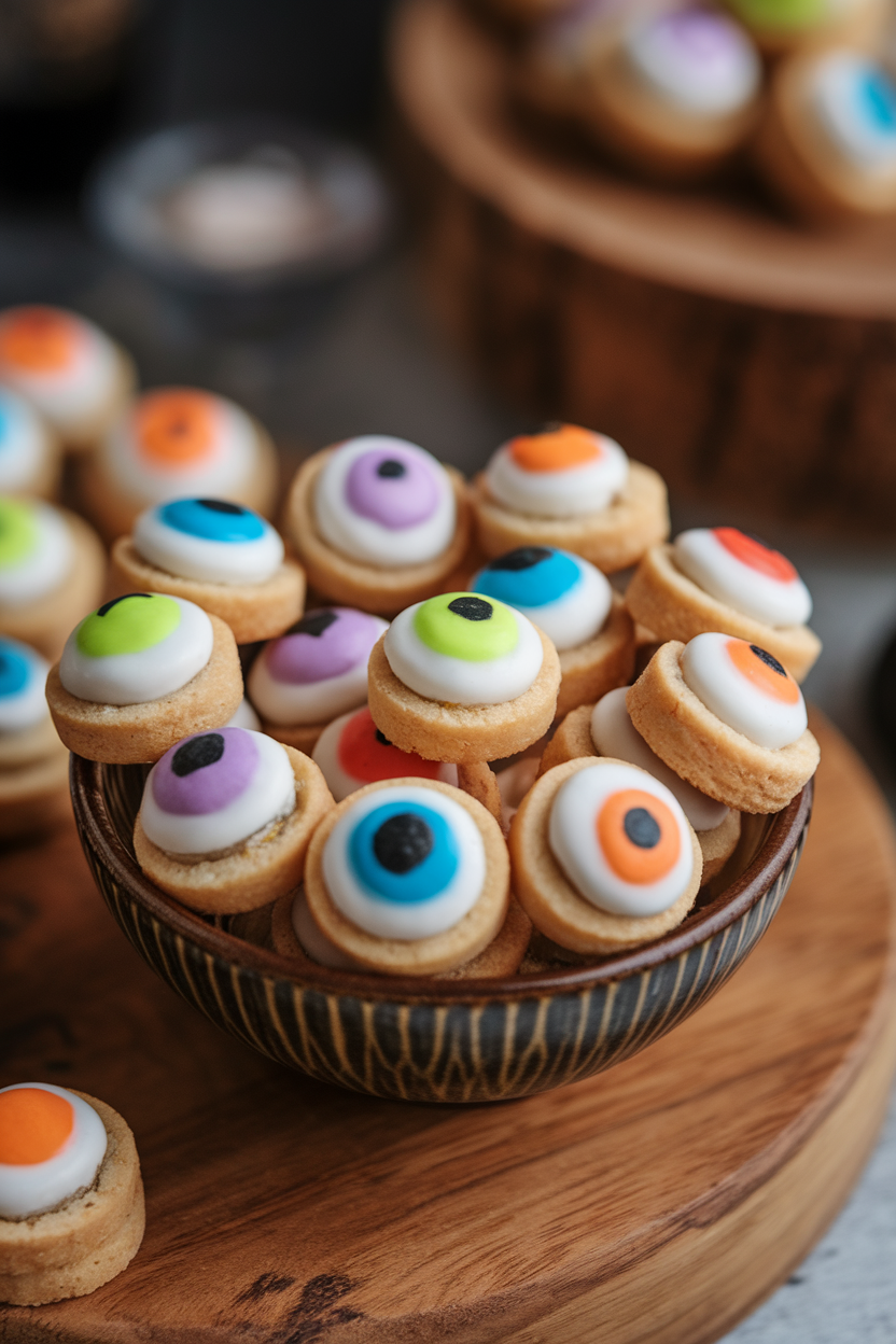 Indoor photo of small round spritz cookies with colored candy centers resembling eyeballs, grouped in a small bowl, no text or logos.