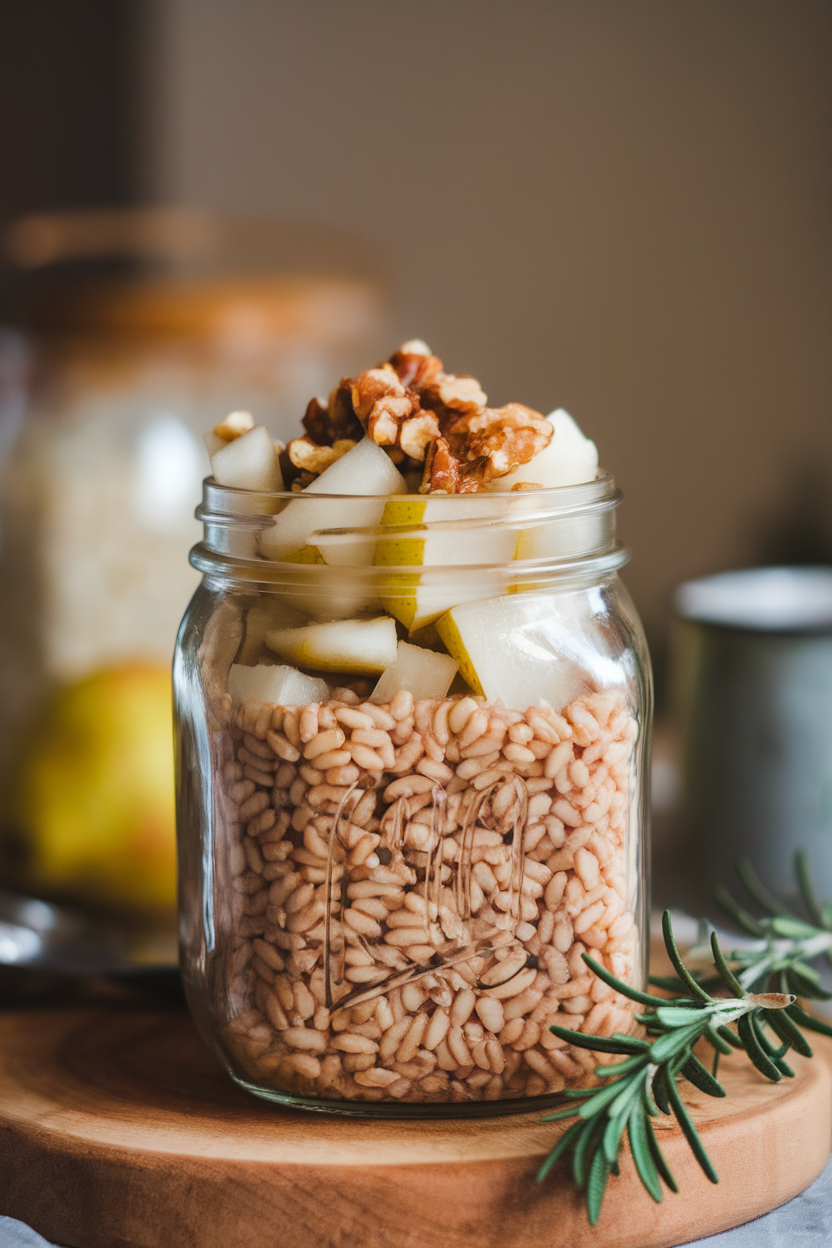 Indoor jar of overnight farro topped with diced pear and chopped walnuts, cozy morning light. No text or logos.