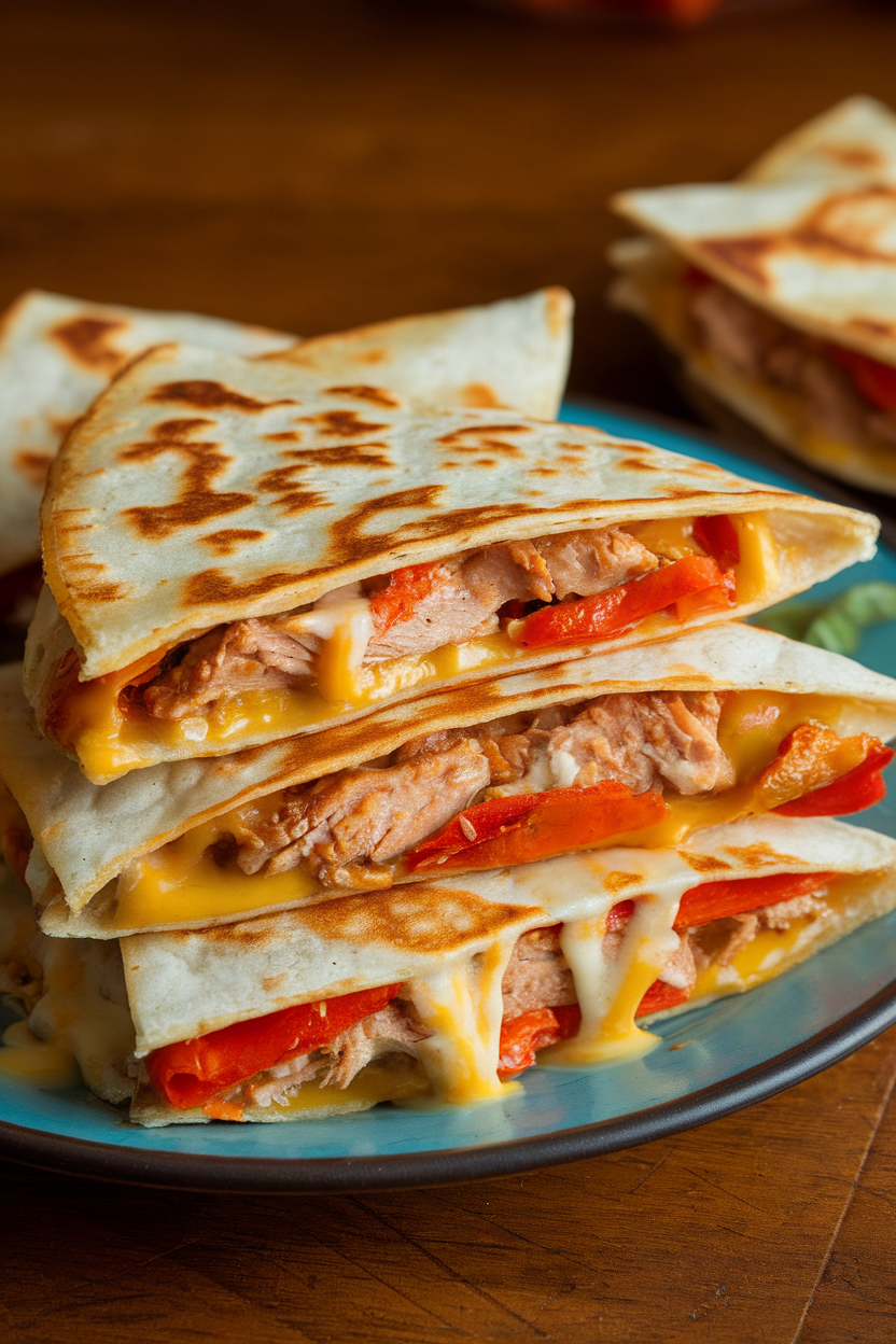 Indoor photo of crispy quesadilla wedges stuffed with garlic chicken and roasted peppers, cheese oozing slightly; diner-style lighting, no text or logos