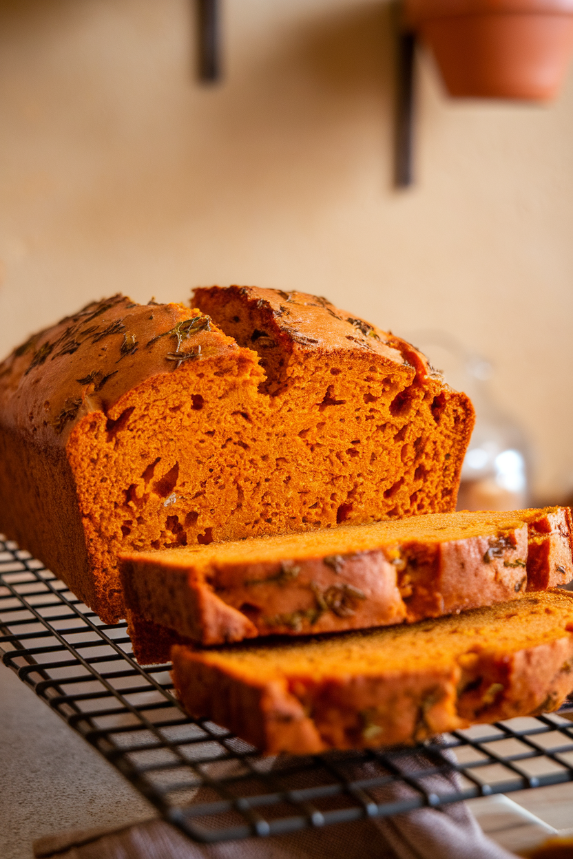 Photo of a sliced loaf of pumpkin bread with a golden crust and oregano flecks, cooling indoors on a wire rack. No text or logos anywhere.