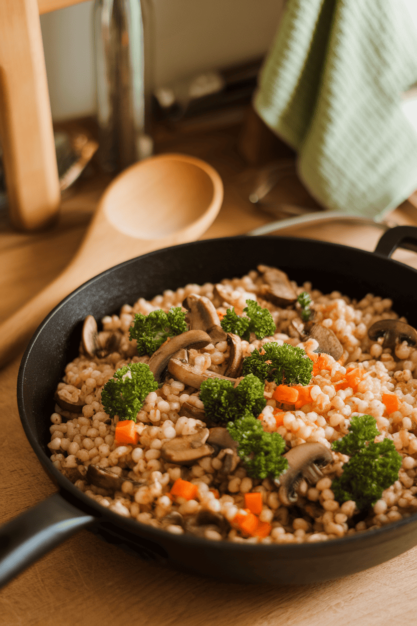 A warm indoor scene with a skillet full of cooked pearl barley mixed with sautéed mushrooms, parsley, and carrots. A wooden spoon rests beside the skillet. No text or logos. Photo, not illustration.