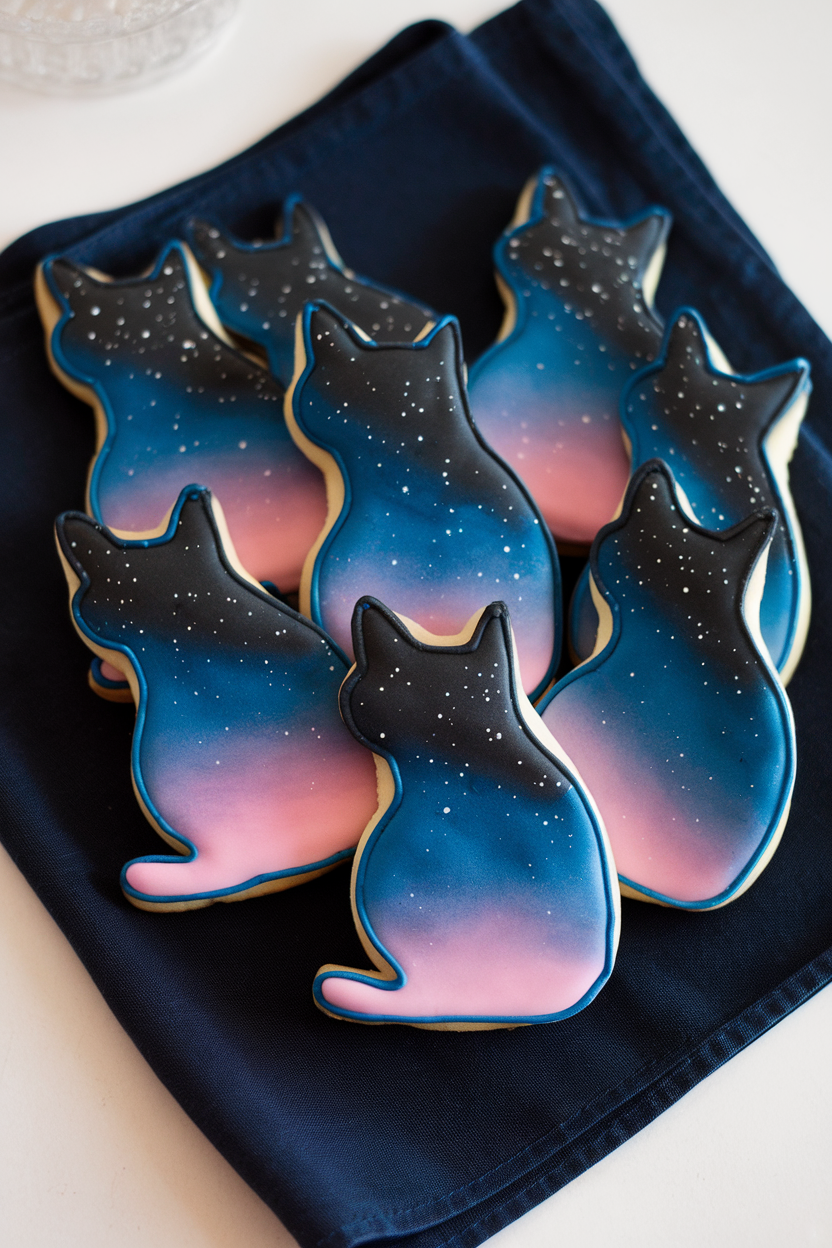 Indoor photo of cat silhouette cookies painted with a night-sky gradient and tiny white star dots, resting on navy cloth, no text or logos.