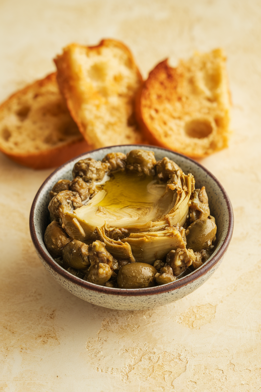 An indoor small bowl of chunky tapenade made from green olives and marinated artichokes, drizzle of olive oil on top, crostini alongside. No branding or text.