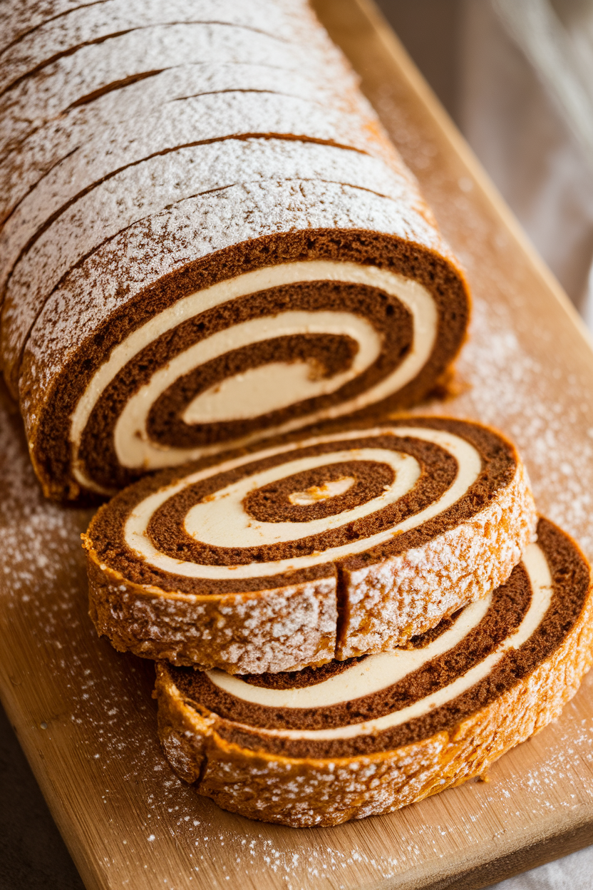Indoor photo of a sliced pumpkin roll cake with dark gingerbread sponge spiraled around cream cheese filling, dusted with powdered sugar. No text or logos.