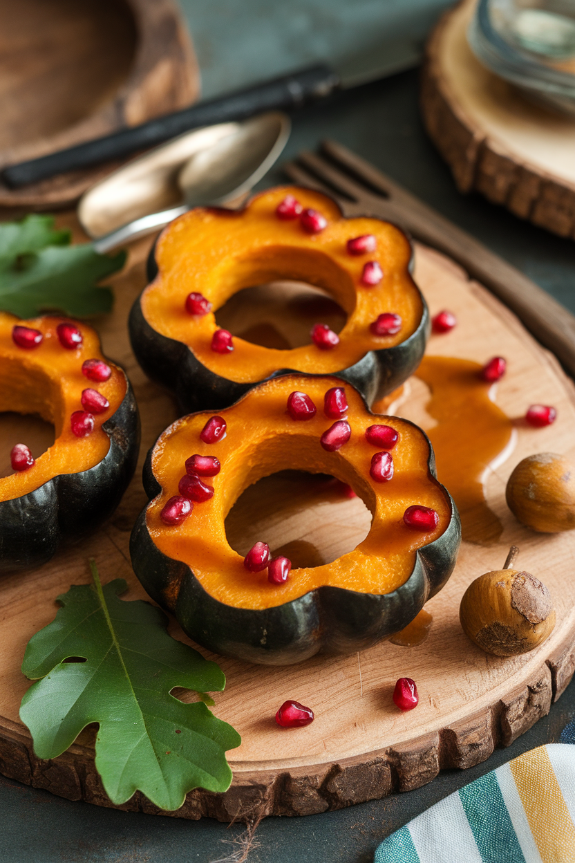 An indoor serving board with crescent rings of roasted acorn squash drizzled with maple glaze and sprinkled with ruby pomegranate seeds. No logos or text. Photo only.