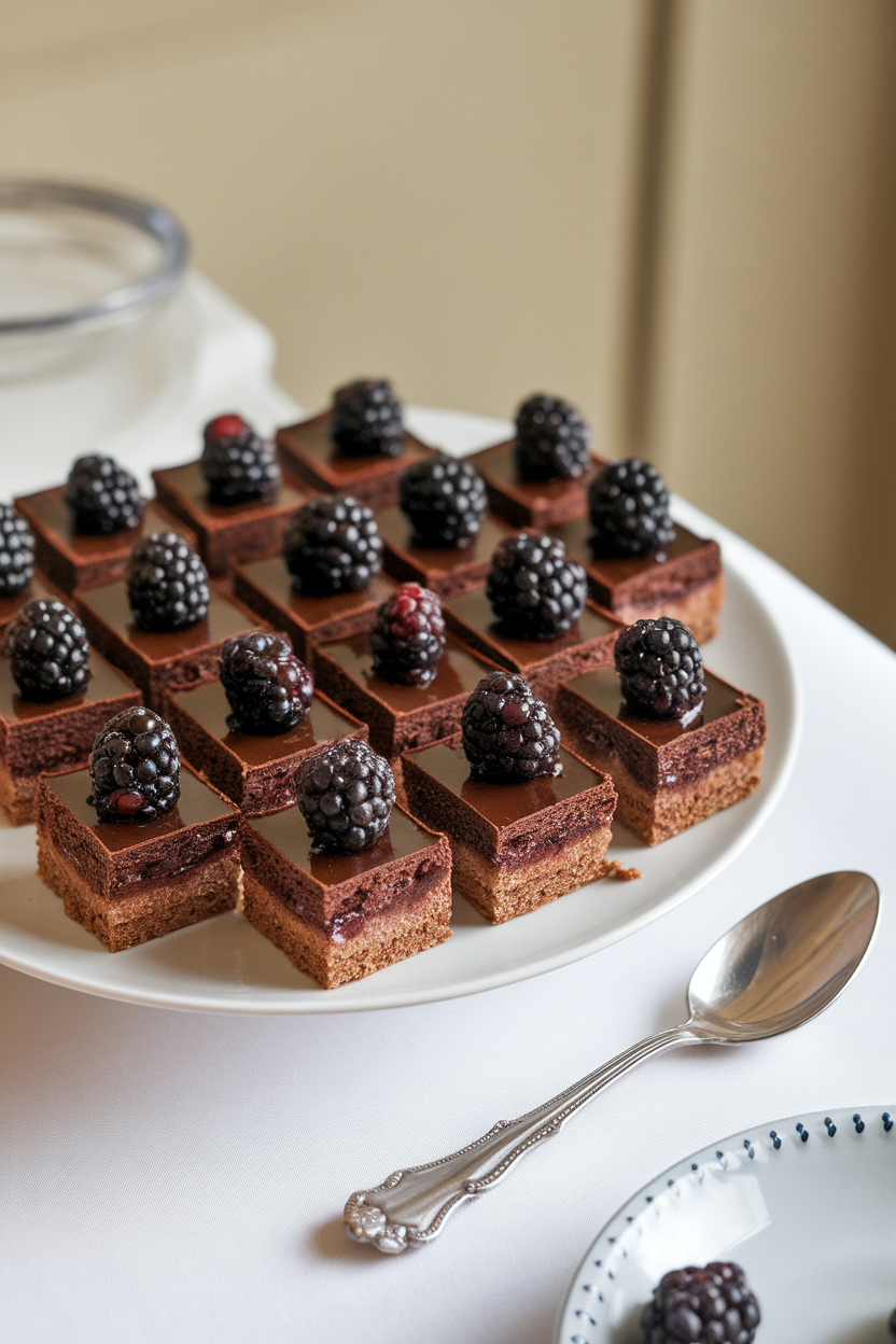 Indoor dessert table with mini chocolate brownie squares topped with blackberry jam and a single fresh blackberry. Photo, no text or logos.