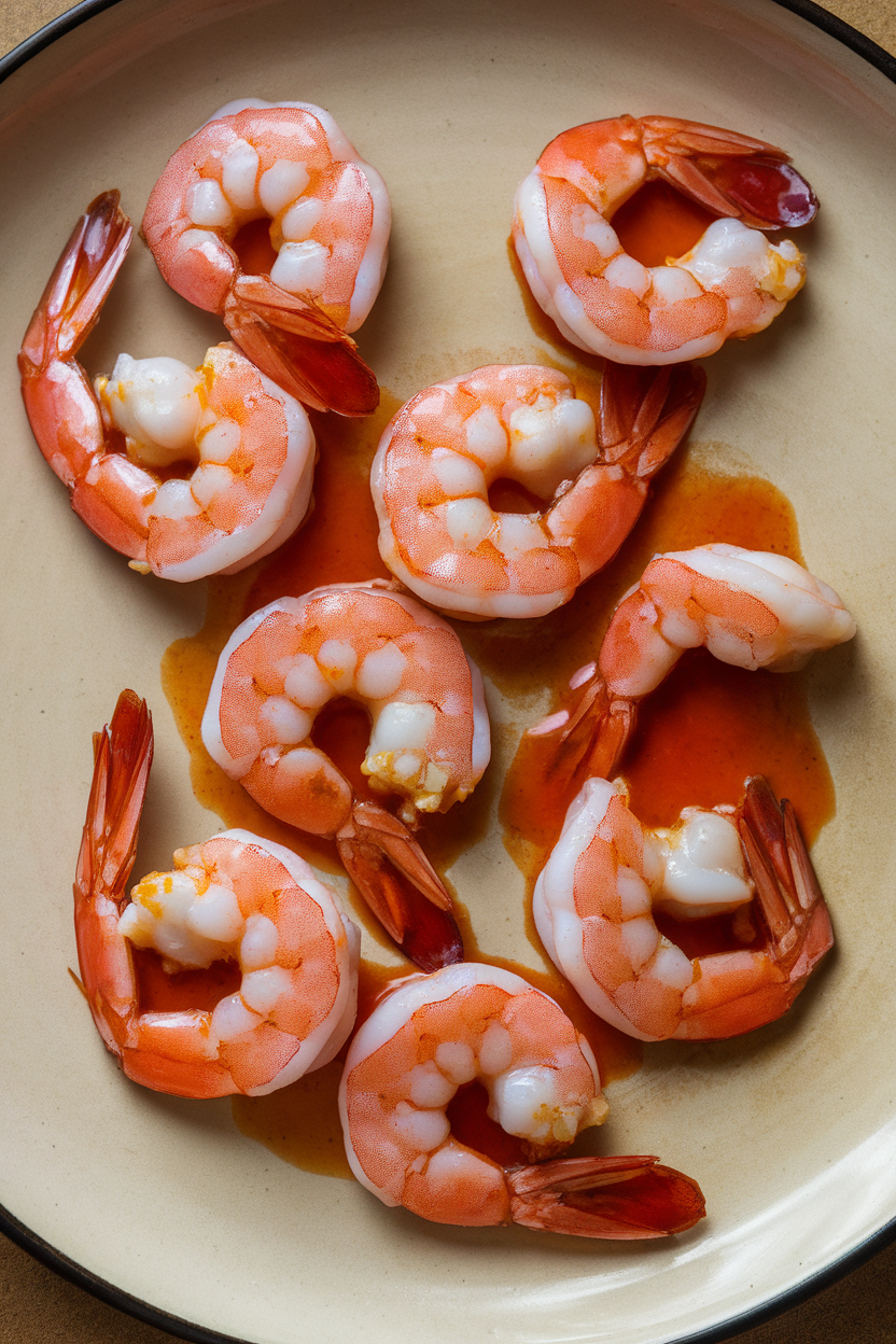 Photo of cooked shrimp coated in glossy sweet chili sauce, arranged in curved ghost shapes on indoor plate. No text or logos.