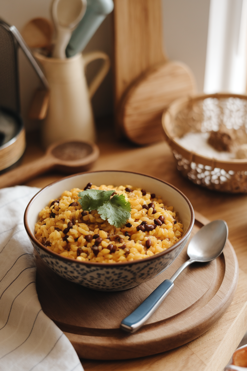 Warm indoor serving bowl of pale yellow kitchari—lentils and rice—garnished with a few cilantro leaves. No text or logos; photo only.