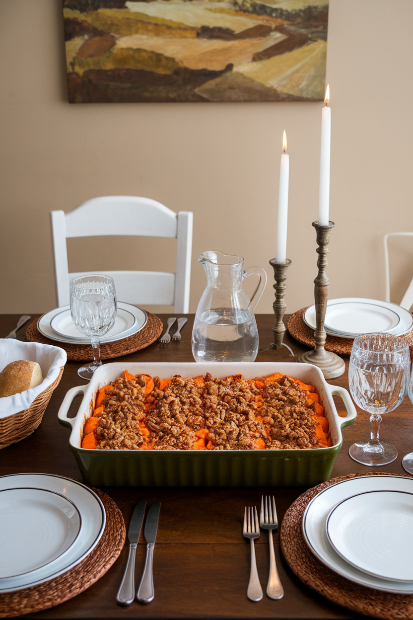Indoor dining table scene of a rectangular baking dish filled with orange sweet potatoes topped with golden pecan crumble. No text or logos. Photo.