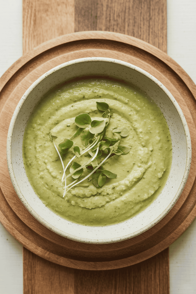 Overhead indoor image of a pale green chilled soup in a shallow bowl, garnished with pea shoots. Photo only, no text or branding.