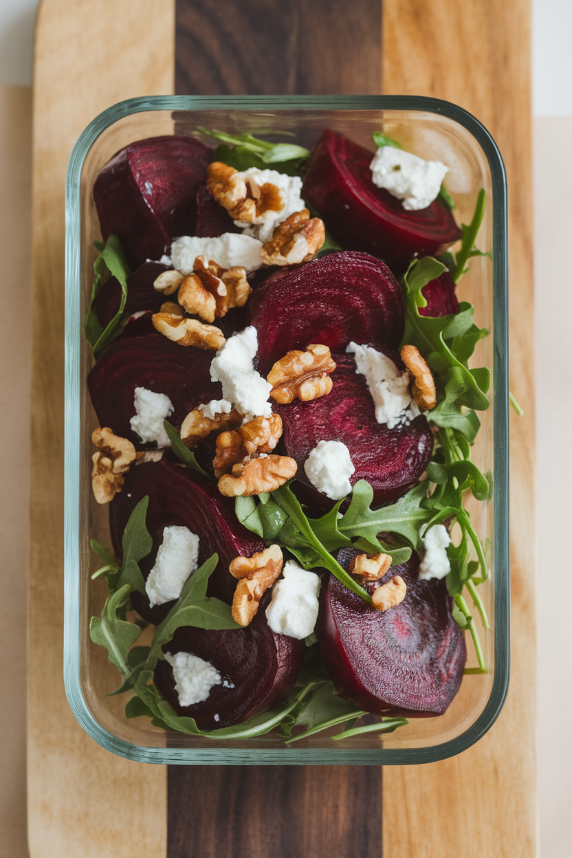 Photo of a glass container indoors with sliced roasted beets, crumbled goat cheese, arugula, and walnuts, lightly dressed. No text or logos.