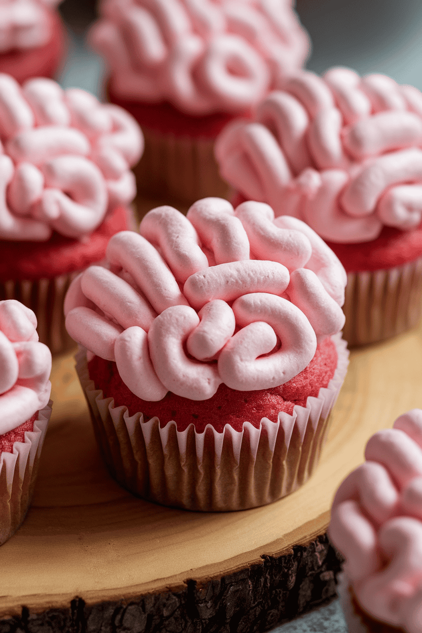Softly lit indoor photo of strawberry cupcakes covered in pink marshmallow “brain” piping, ridges carefully defined; no text or logos