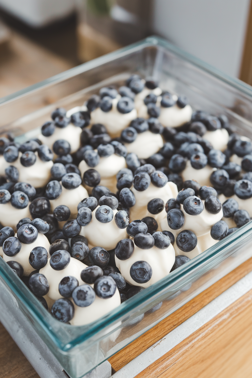 Indoor freezer tray showing small blueberry-studded yogurt discs, each with two mini chocolate chip eyes. Photo, no text or logos.