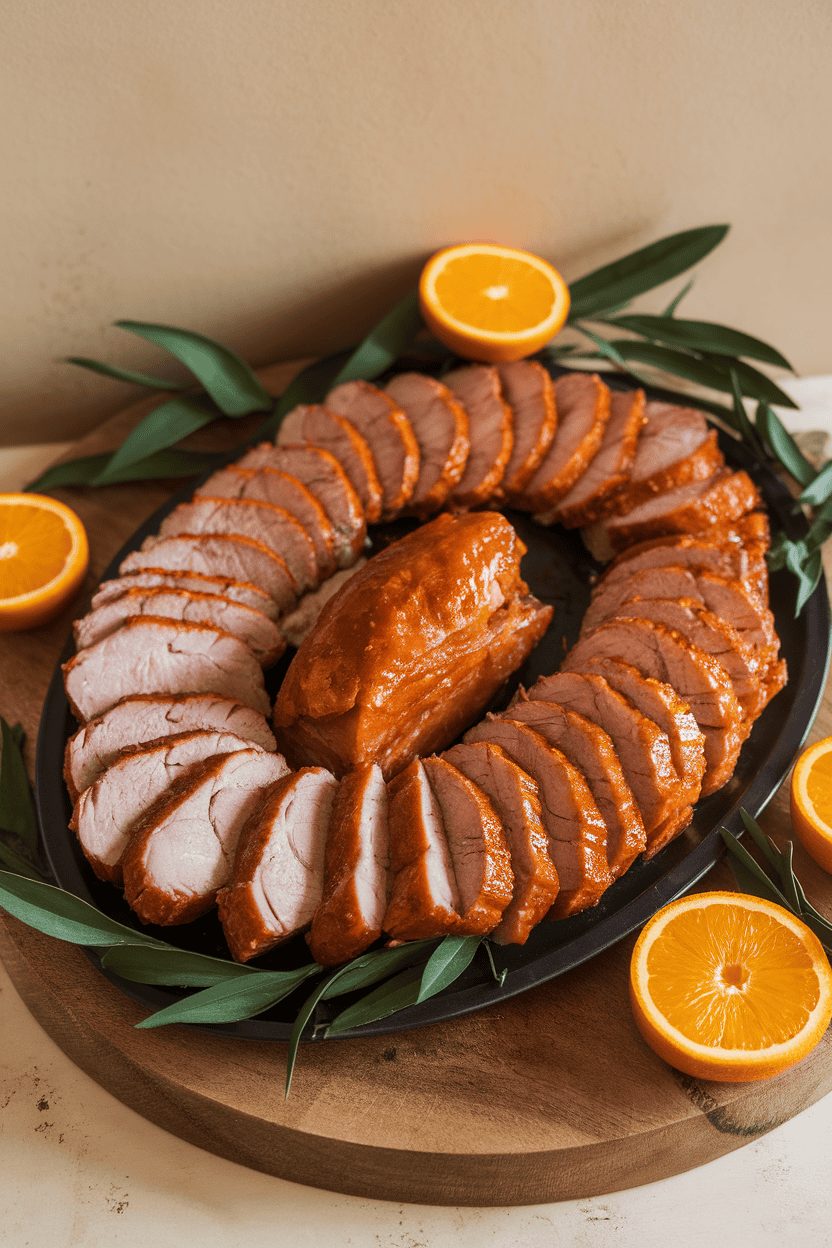 Indoor photo of sliced pork tenderloin with a shiny orange glaze, arranged in a fan on a platter. No logos.