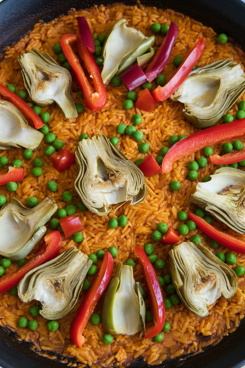 An indoor paella pan filled with saffron-tinted rice, artichoke hearts, bell peppers, peas, and tomato, edges slightly toasted. No text or logos.
