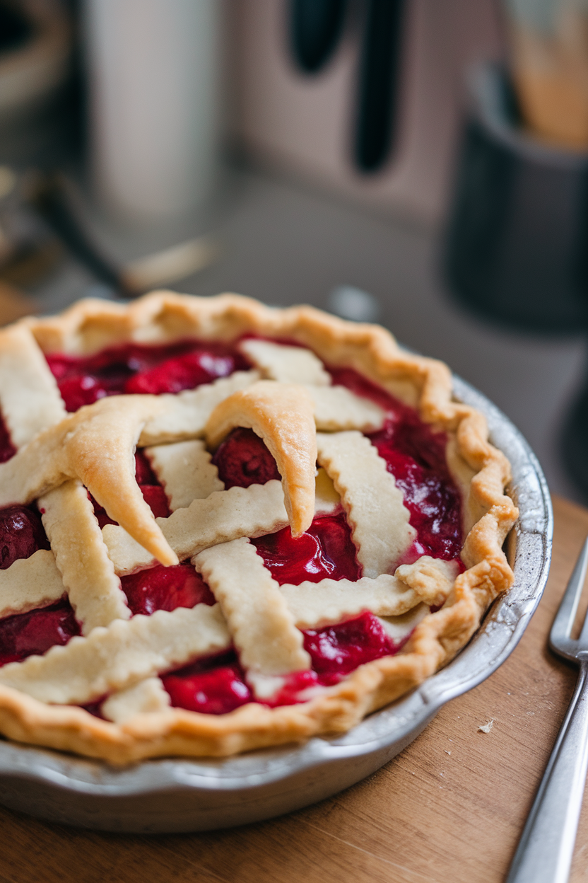 A pie dish indoors containing bright red cherry pie with a pair of pastry “fang” cutouts on the crust. Photo only, no text or logos.