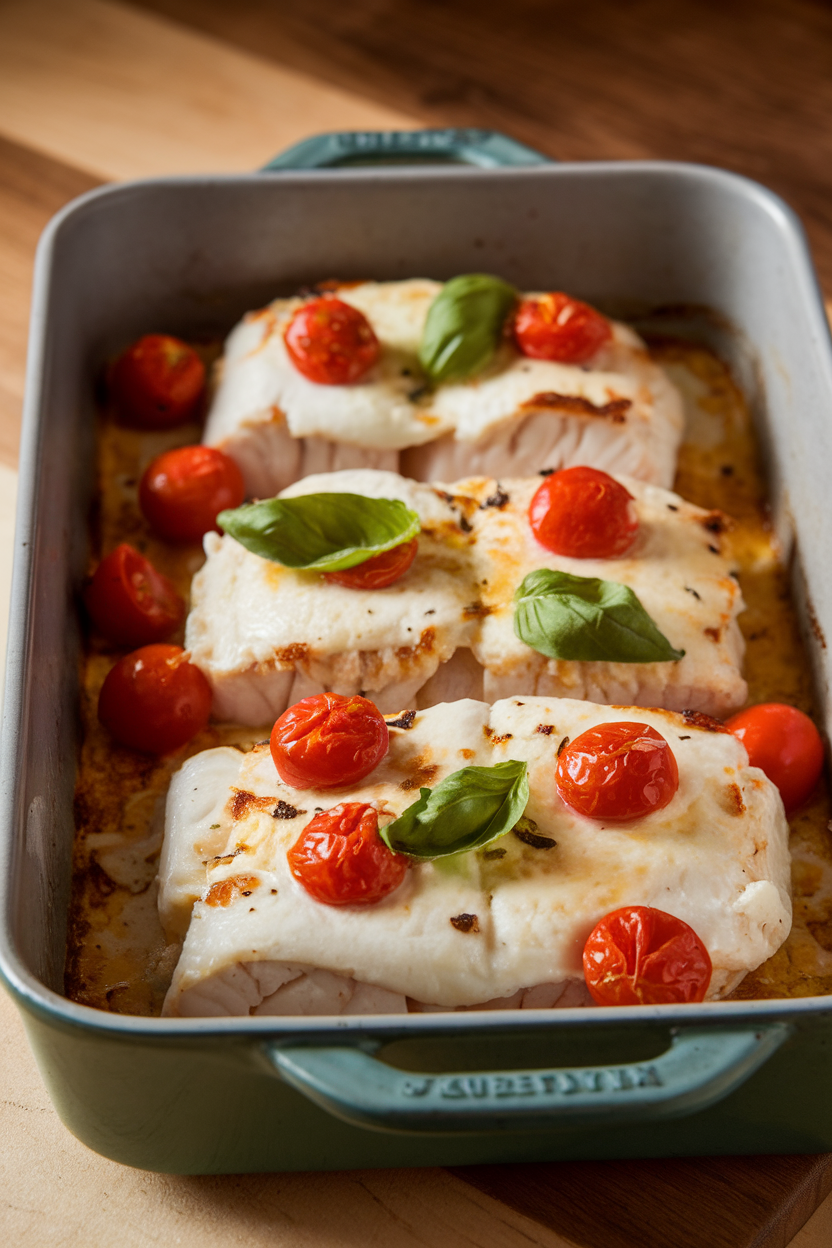 An indoor baking dish featuring cooked cod fillets topped with melted mozzarella, cherry tomatoes, and fresh basil leaves. Warm lighting, no text or logos.