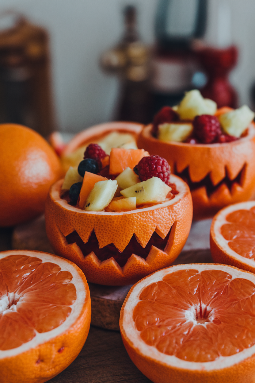 Halved grapefruits indoors scooped and refilled with mixed fruit salad, jagged jack-o'-lantern faces carved on the rinds. No text or logos.