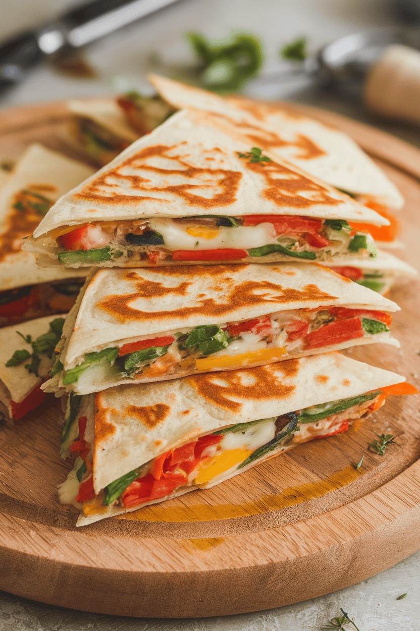Indoor photo of triangular quesadilla wedges revealing colorful veggies and melted cheese, placed on a wooden board. No text or logos.