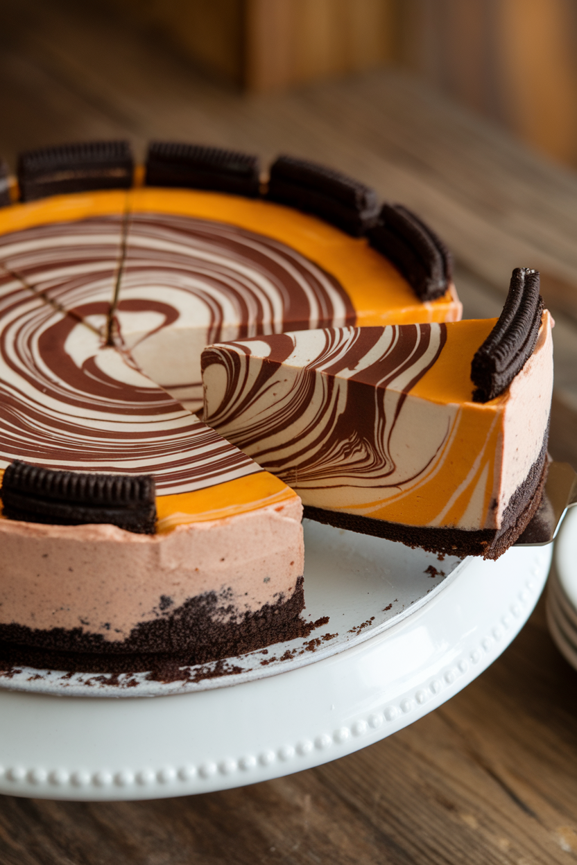 Indoor photo of marbled chocolate and pumpkin cheesecake with an Oreo crust, slice lifted slightly on a server. No text or logos.