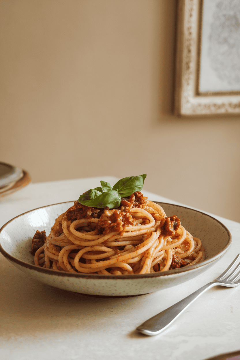 Indoor dining table set with a shallow bowl of whole-wheat spaghetti coated in chunky olive and sun-dried tomato tapenade, garnished with basil ribbons. No text or logos. Photo, not illustration.