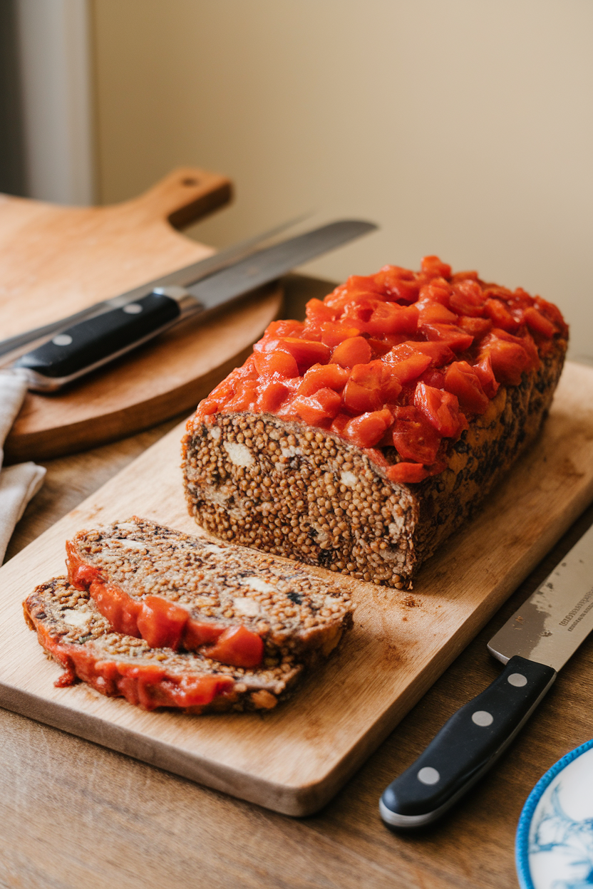 Photo of an indoor dining table with a loaf-shaped sliceable lentil and mushroom roast topped with tomato glaze; no text or logos