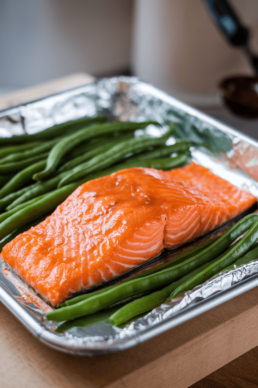 Indoor table with a foil-lined sheet pan of salmon coated in glossy orange glaze, bright green beans alongside. No logos or text, photo only.
