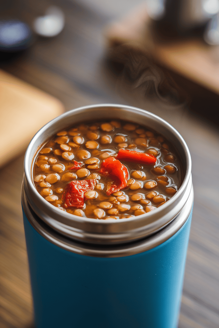 Indoor image of a thermos cup filled with hearty lentil soup dotted with roasted red pepper pieces, steam faintly rising. No visible branding.