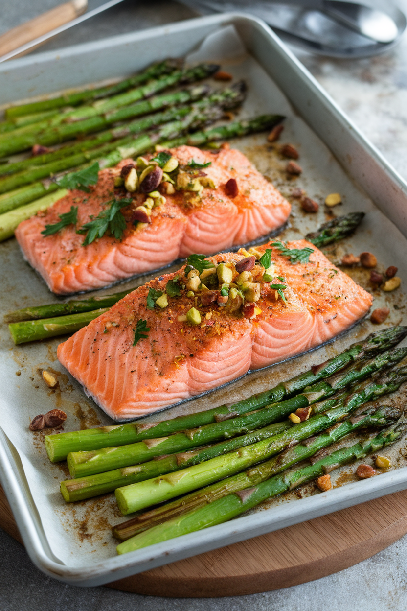 An indoor baking sheet featuring cooked salmon fillets and roasted asparagus, sprinkled with a chopped pistachio, parsley, and lemon zest topping. No text or logos; photography only.
