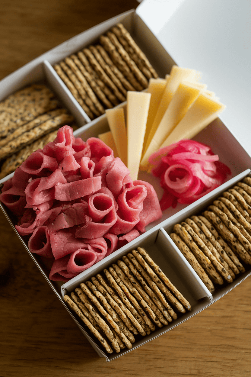 Photo indoors of thin roast-beef ribbons, Swiss cheese triangles, small pile of pink pickled onions, and multigrain crackers in a sectioned box; no text or logos.