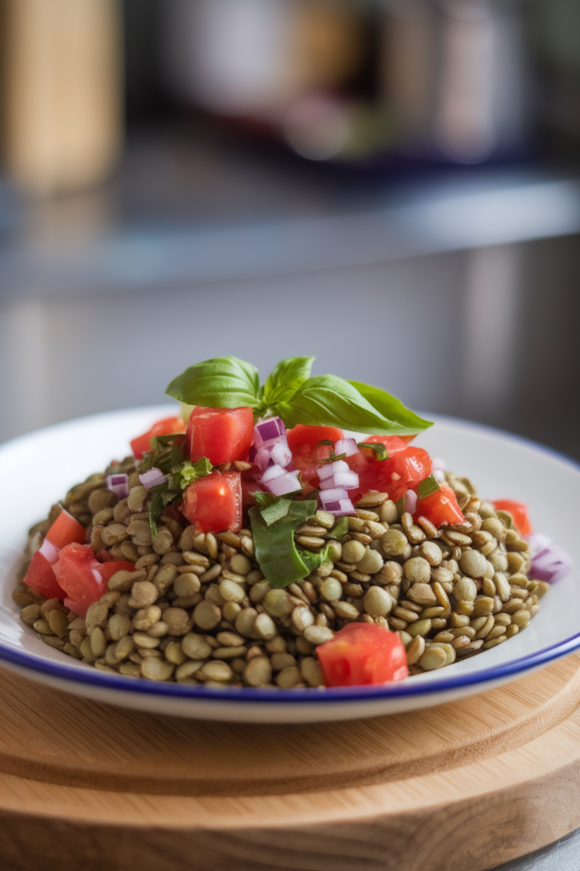Photo, indoor plate with green lentils tossed with diced tomatoes, basil, and diced red onion; no text or logos.