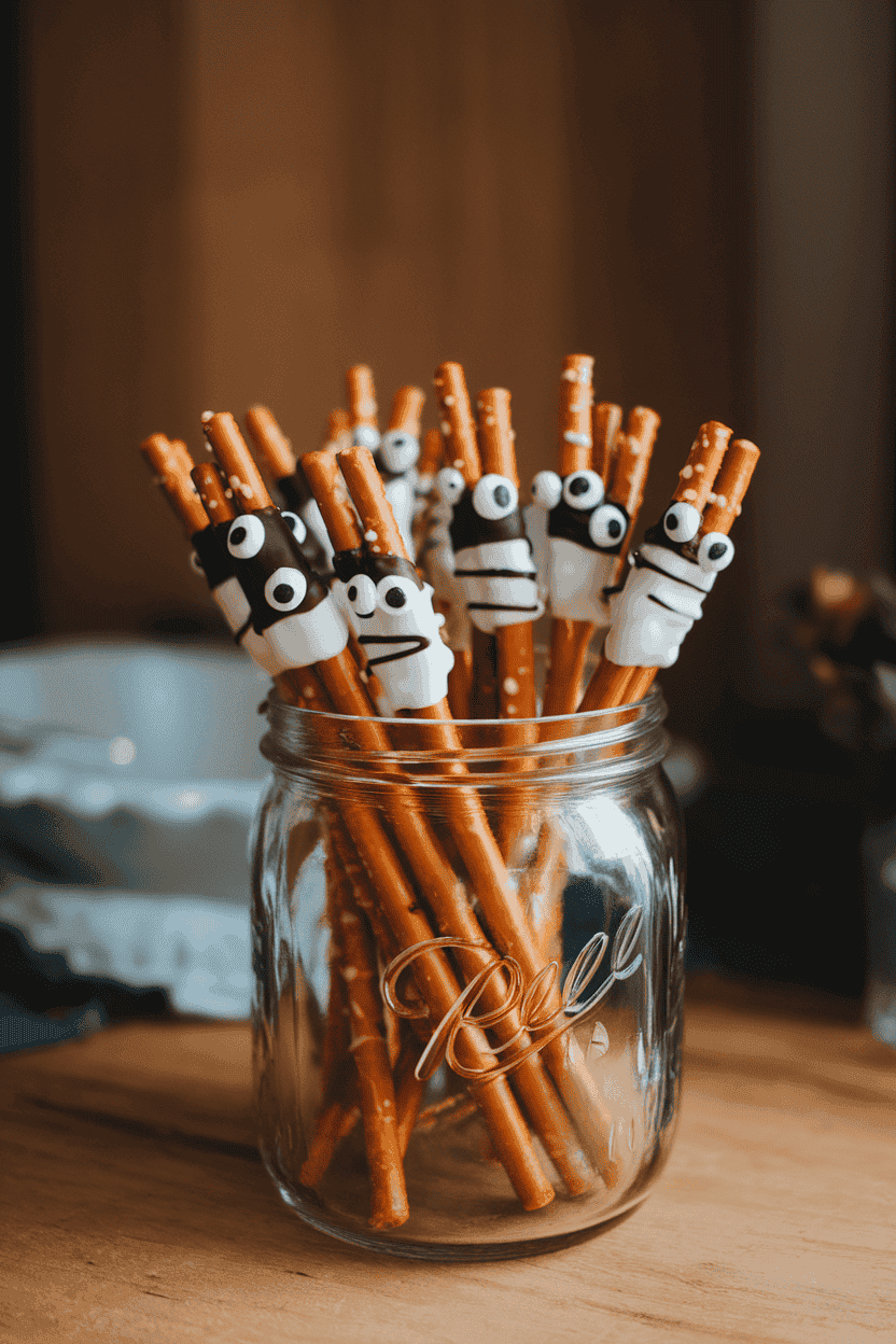 Indoor rack of pretzel rods half-dipped in white chocolate with candy eyes, arranged upright in a jar. Photo, no logos.