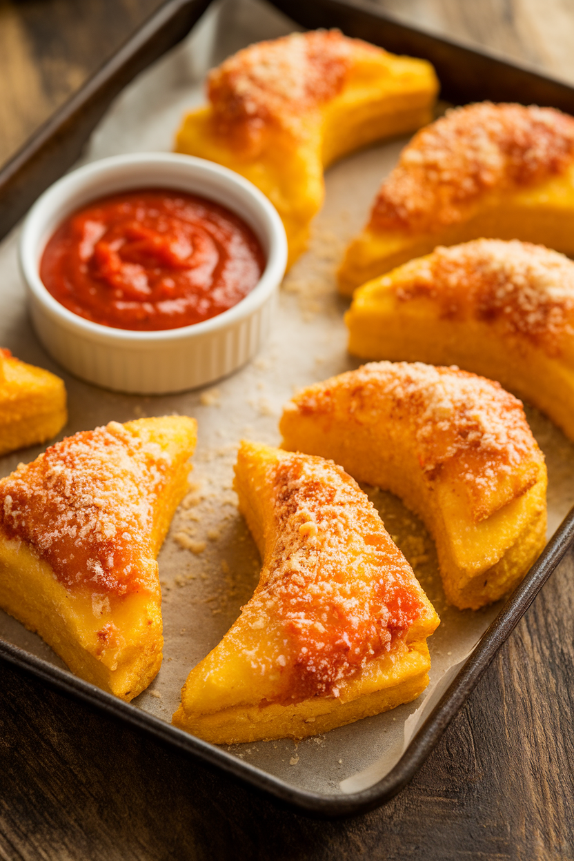 Photo of crescent-shaped baked polenta fries dusted with Parmesan on an indoor tray, marinara dip. No text or logos.