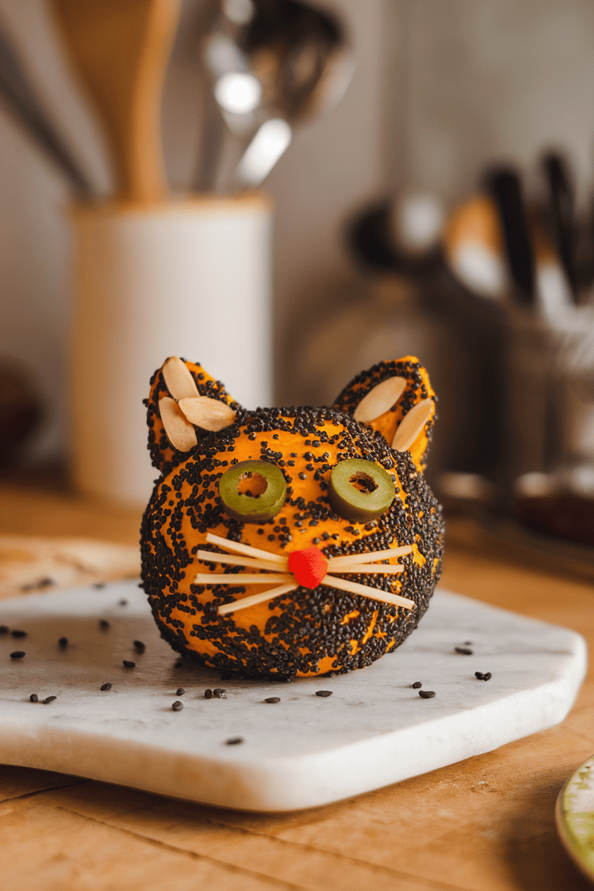 Warm indoor shot of a cheddar cheese ball shaped like a cat head, coated in black sesame seeds, with almond sliver ears and green olive eyes, on a marble slab. No text or logos.