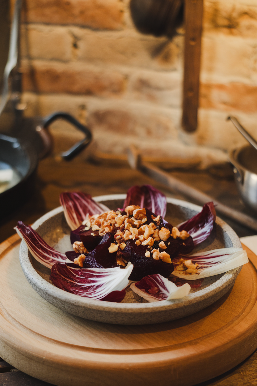 Indoor photo of chicory leaves topped with roasted beet slices and crushed hazelnuts on a stoneware plate; ambient light, no text or logos.