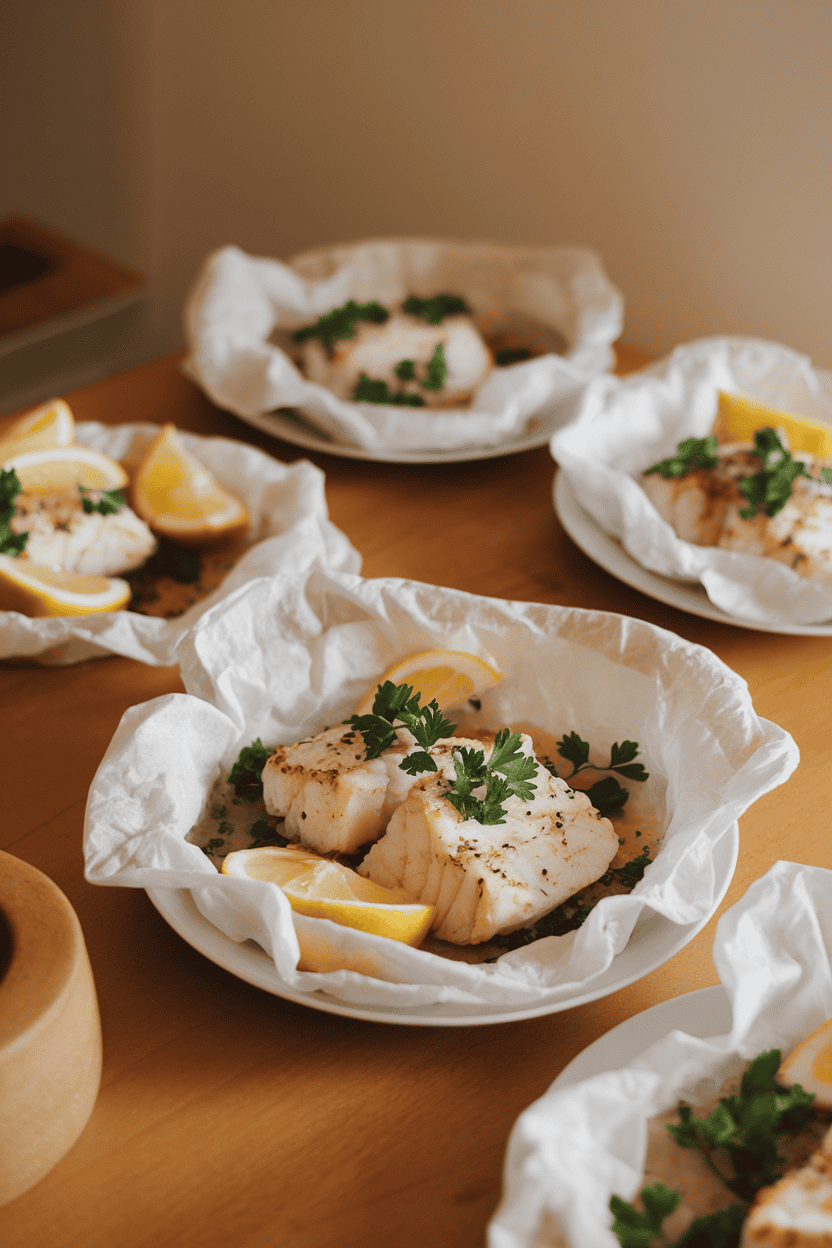 Warm indoor dining table showing parchment packets opened to reveal flaky cooked cod topped with parsley and lemon slices—no raw fish, no branding