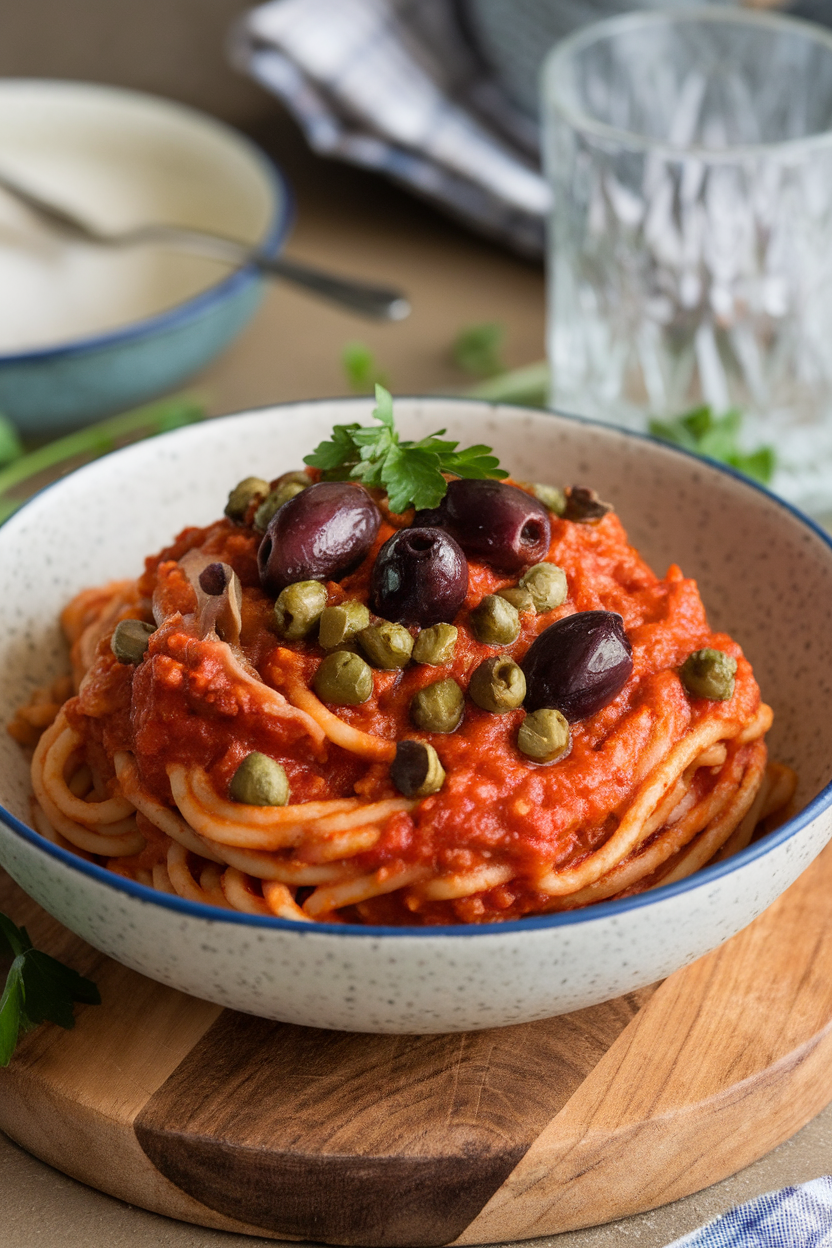 An indoor pasta bowl of whole-grain spaghetti coated in tomato sauce studded with olives, capers, and anchovy pieces, garnished with parsley. No text or logos; photography only.