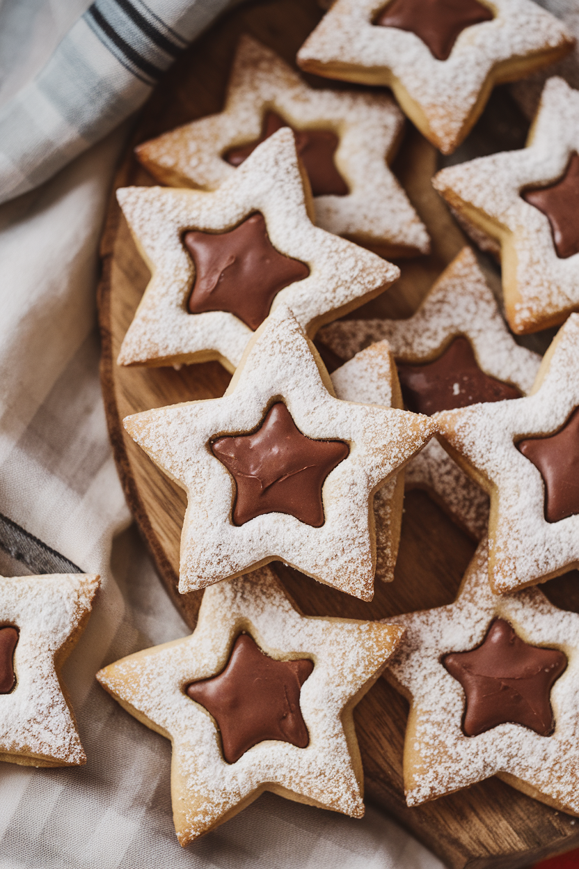 Indoor wood board with star-shaped linzer cookies, top cookie dusted lightly with powdered sugar and central cutout showing chocolate filling. No text or logos. Photo, not illustration.