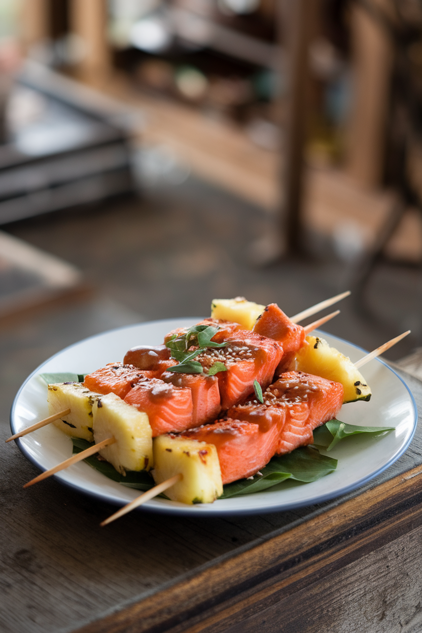 Plate of cooked salmon and pineapple skewers glazed with teriyaki sauce, served indoors. No text or logos. Photo.