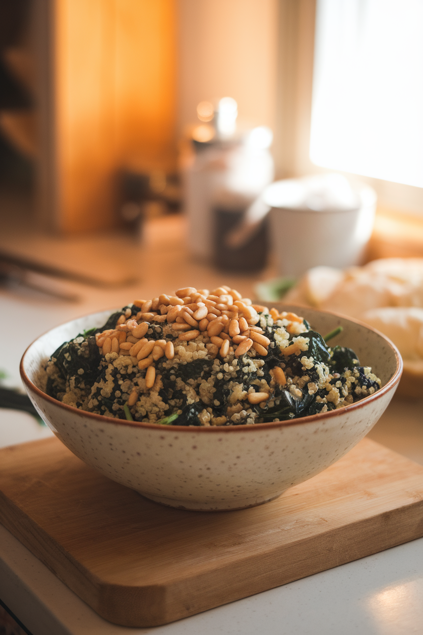 A warmly lit indoor counter with quinoa tossed with wilted spinach and toasted pine nuts in a wide salad bowl; no text or logos present.