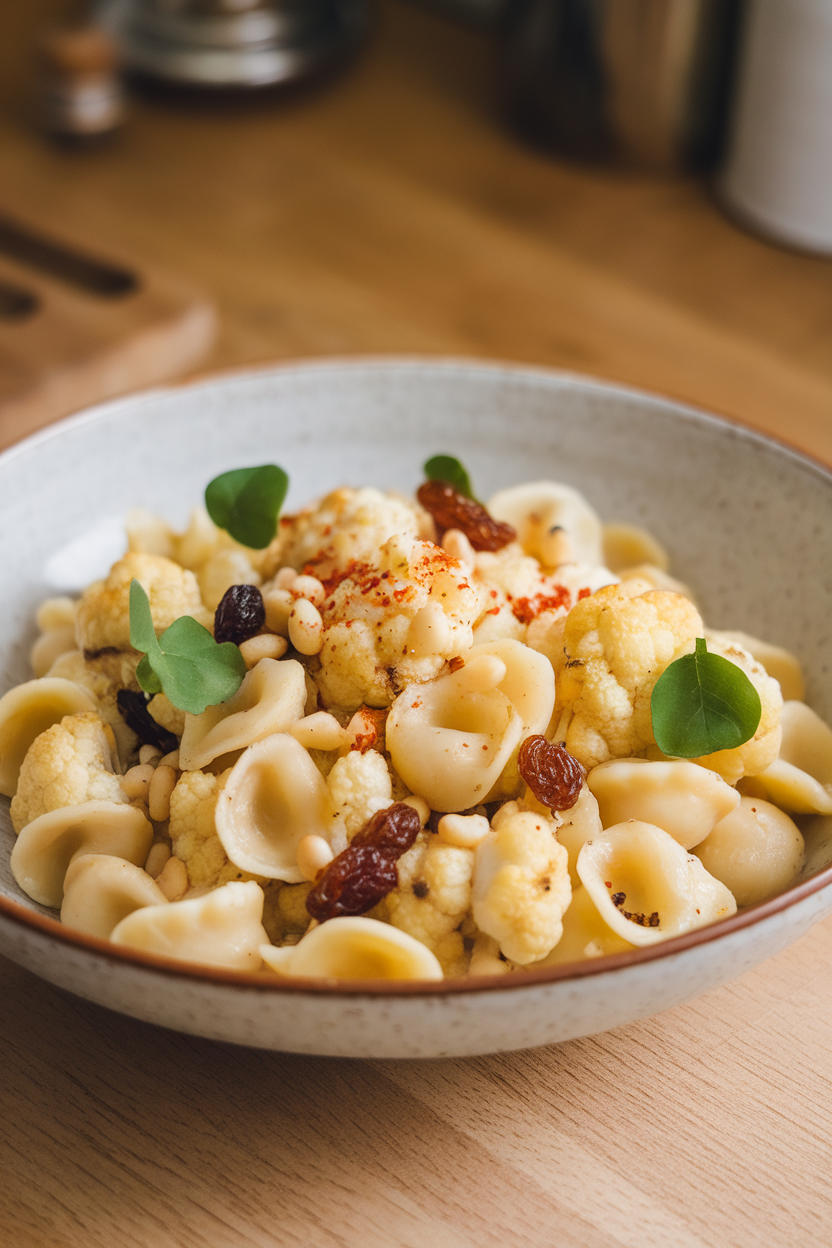 An indoor pasta bowl featuring orecchiette tossed with roasted cauliflower florets, golden raisins, and pine nuts. No text or logos.
