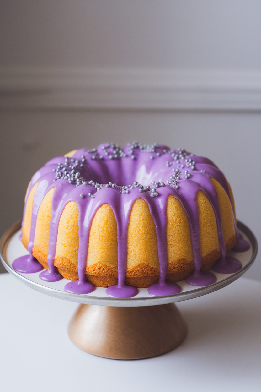 Photo of a lemon bundt cake glazed in vibrant purple icing with silver sprinkles, indoor cake-stand display, no logos or text.