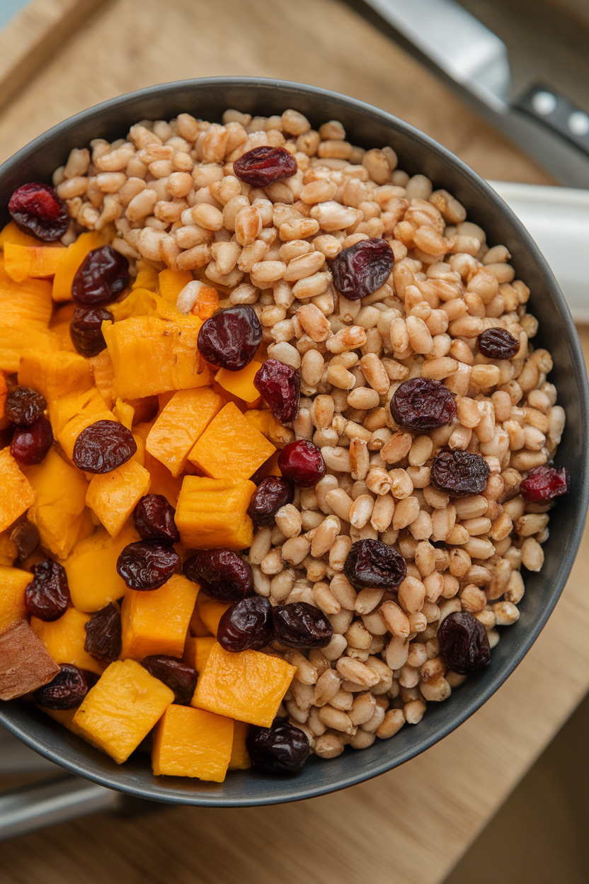 Indoor photo of chewy wheat berries combined with roasted squash cubes and dried cranberries in a large bowl; overhead angle, no text or logos.