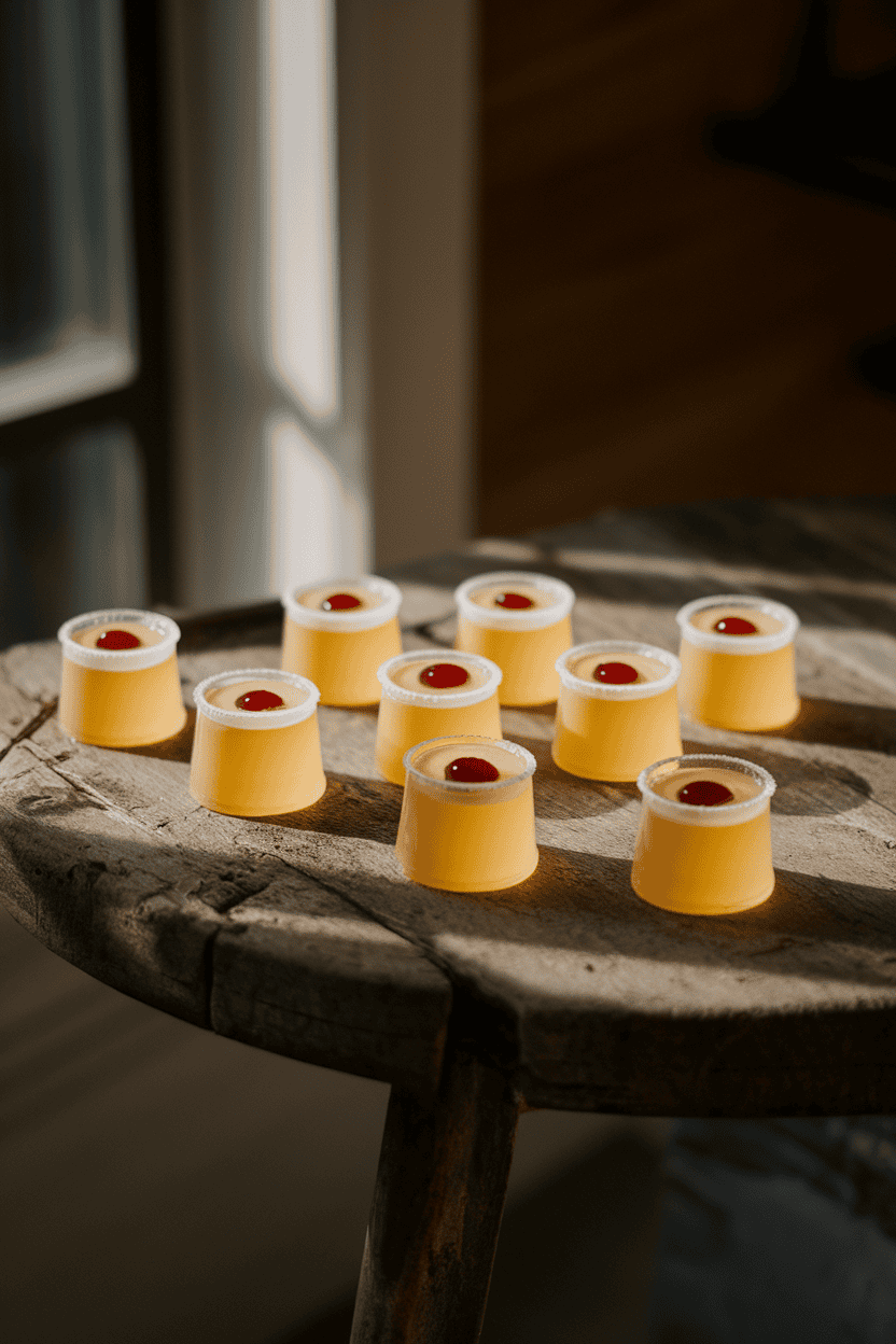 Indoor rustic table showing pale yellow whiskey sour jello shots with a blood-red cherry centered in each, gentle shadowy lighting, no branding