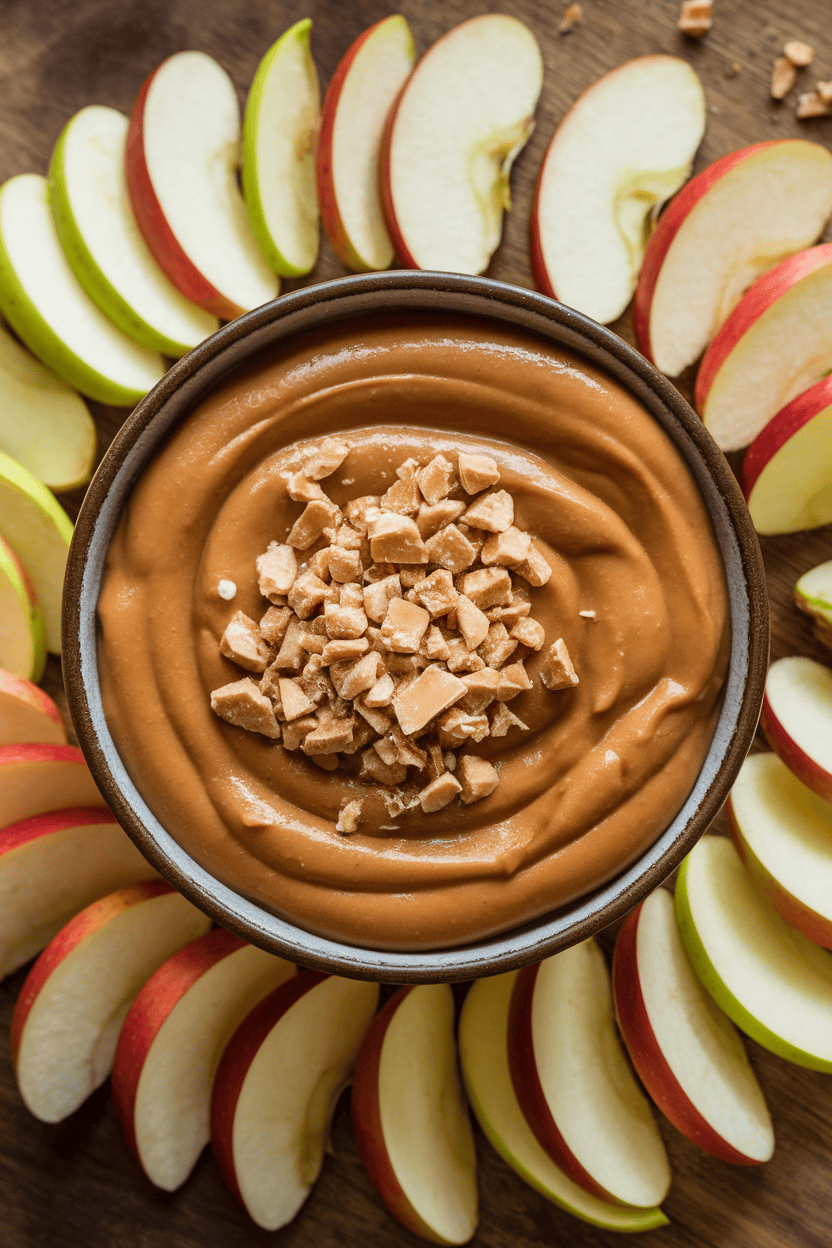 Indoor photo of a shallow bowl of creamy caramel dip garnished with crushed toffee, apple slices arranged around, no text or logos