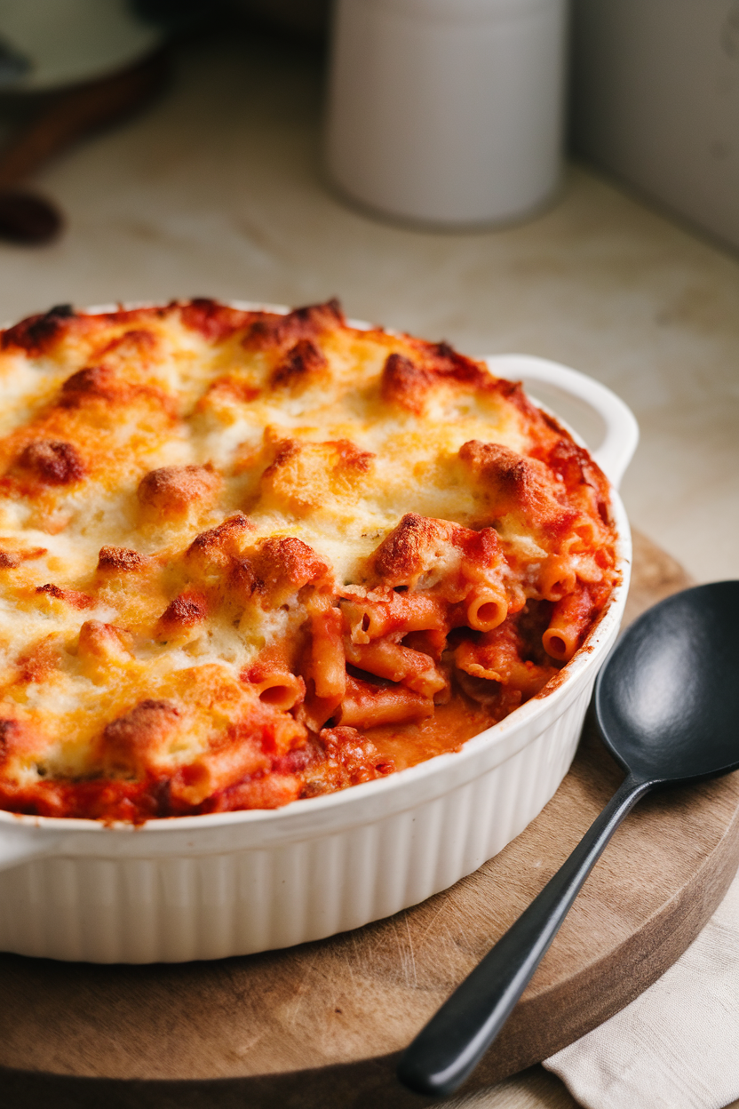 Indoor photo of bubbling baked ziti casserole, browned mozzarella on top, serving spoon ready, no text or logos. Photograph, not illustration.