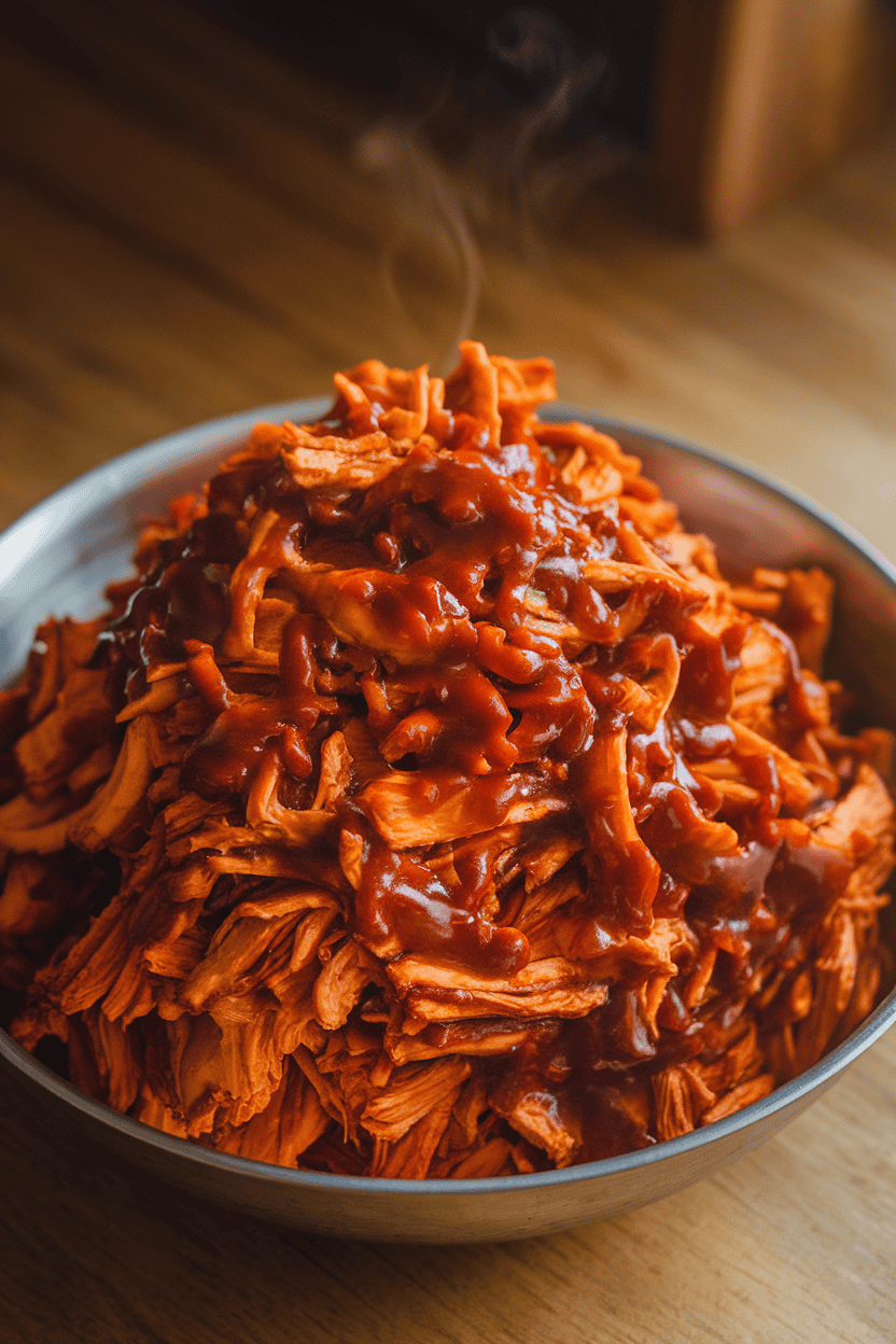 Indoor photo of shredded jackfruit coated in barbecue sauce, piled in a bowl, steam visible. No branding.